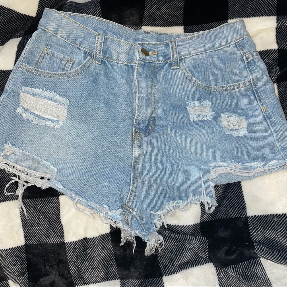 SHEIN hi waisted distressed med shorts
